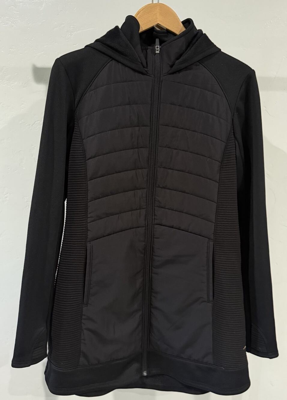 Tek Gear Womens Hybrid Hooded Jacket L Black Quilted Puffer Full Zip Long Ribbed